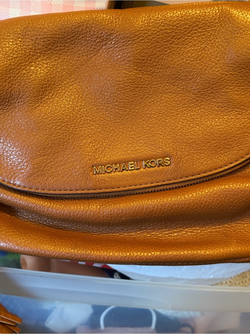 Michael Kors Tan Pebbled Leather Shoulder Bag with Gold Logo